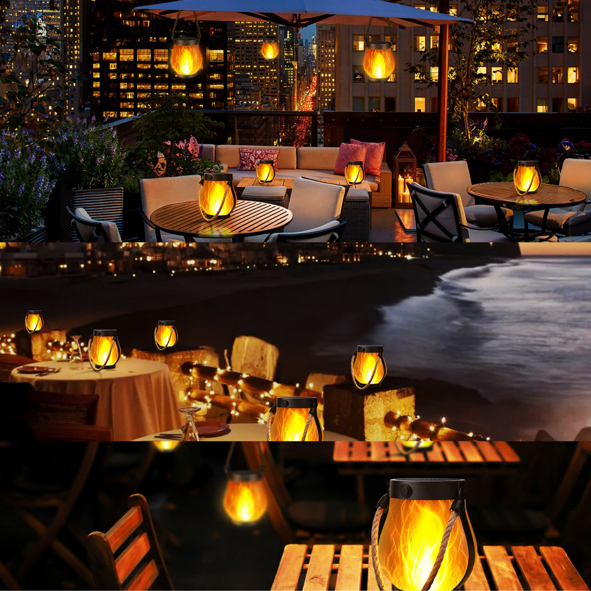 Outdoor Lantern Realistic LED Flame Solar & USB Weatherproof