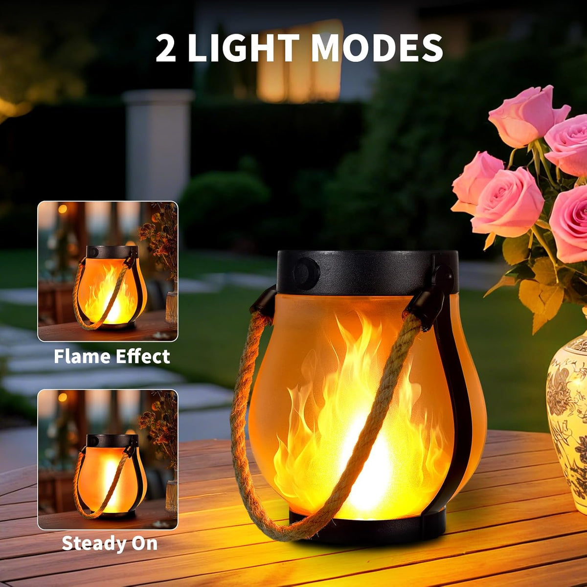 Outdoor Lantern Realistic LED Flame Solar & USB Weatherproof