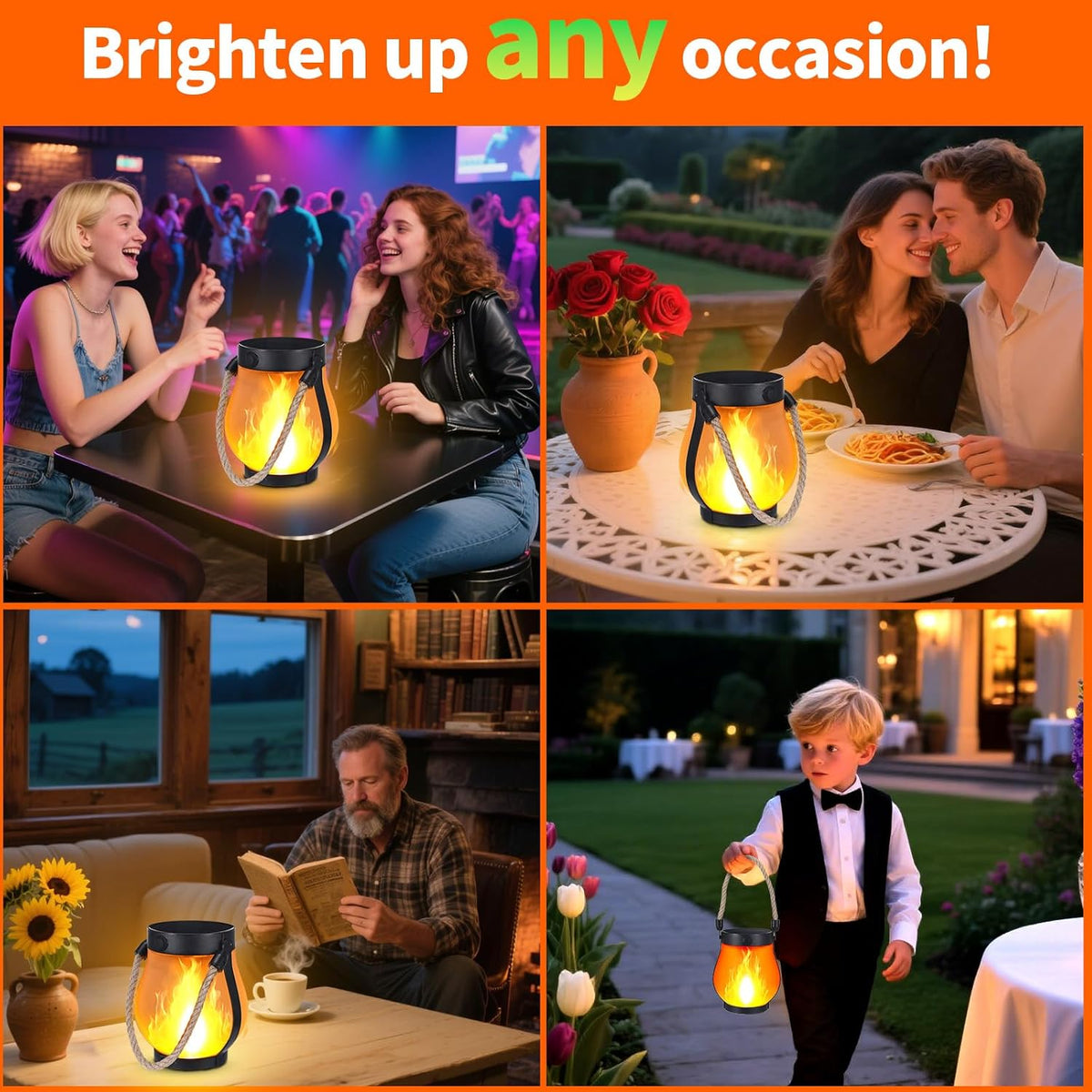 Outdoor Lantern Realistic LED Flame Solar & USB Weatherproof