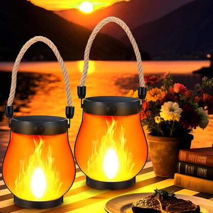 Outdoor Lantern Realistic LED Flame Solar & USB Weatherproof