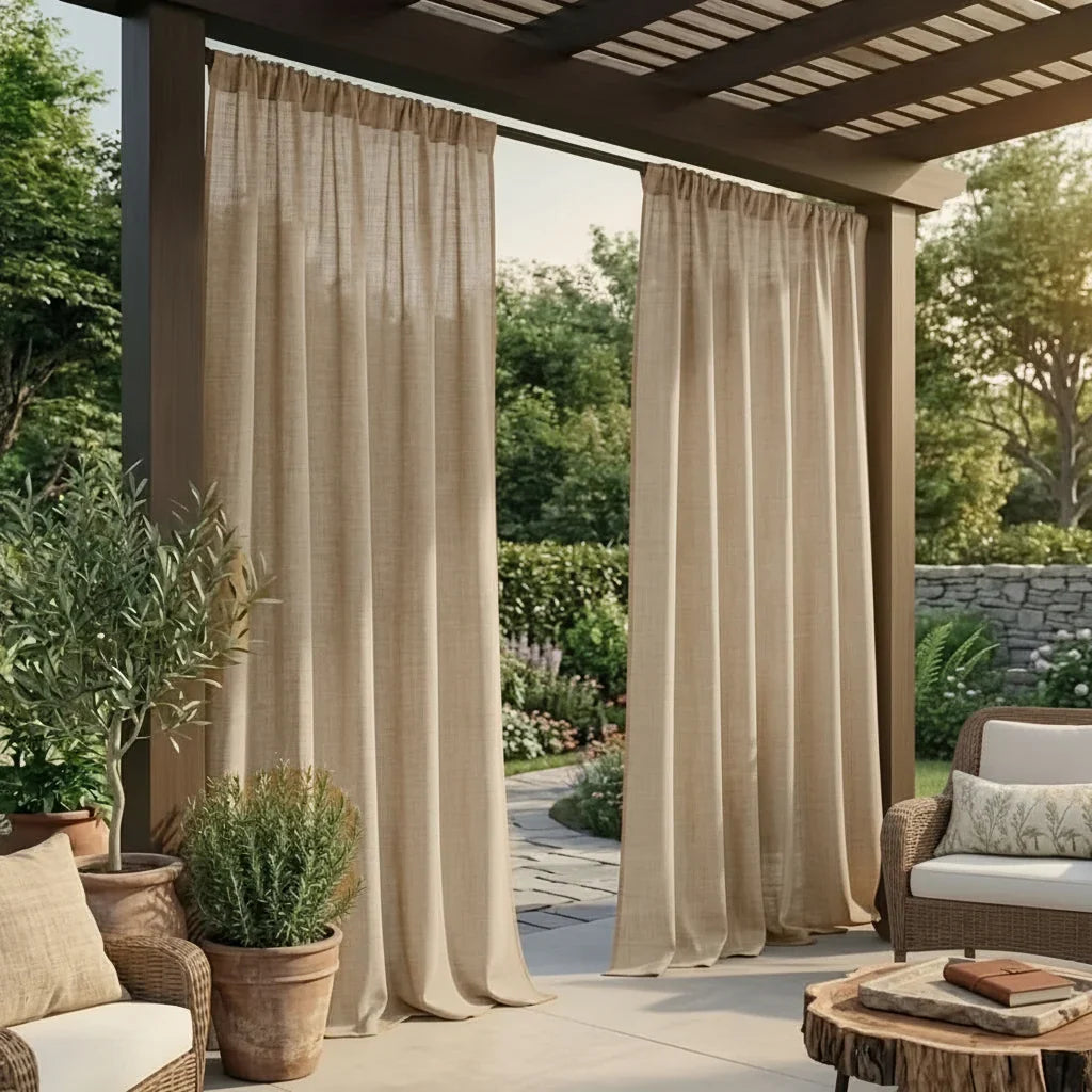 Outdoor Patio Curtains Boho Linen-Like Polyester Privacy & Shade