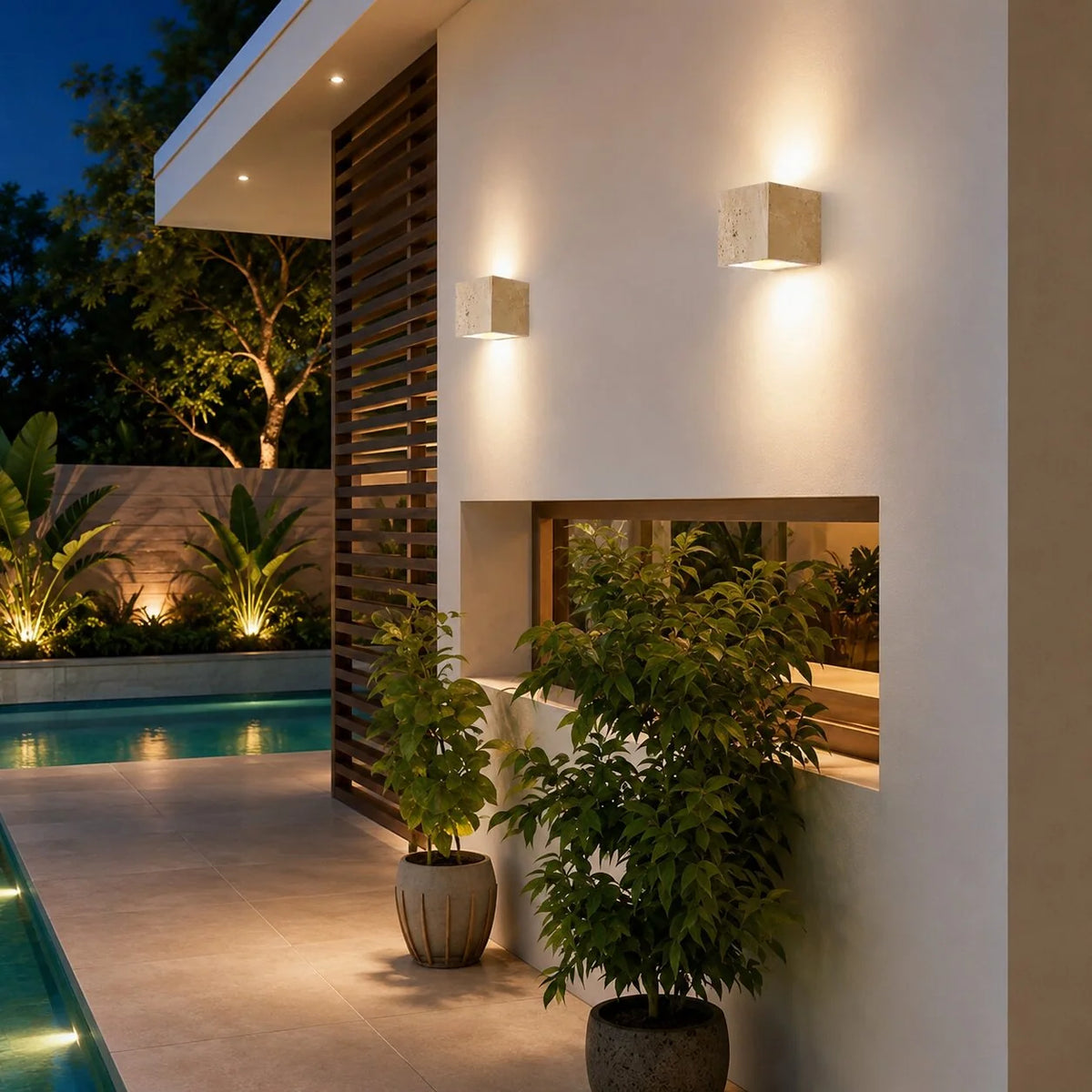 Outdoor Wall Light Natural Travertine Weatherproof Warm White