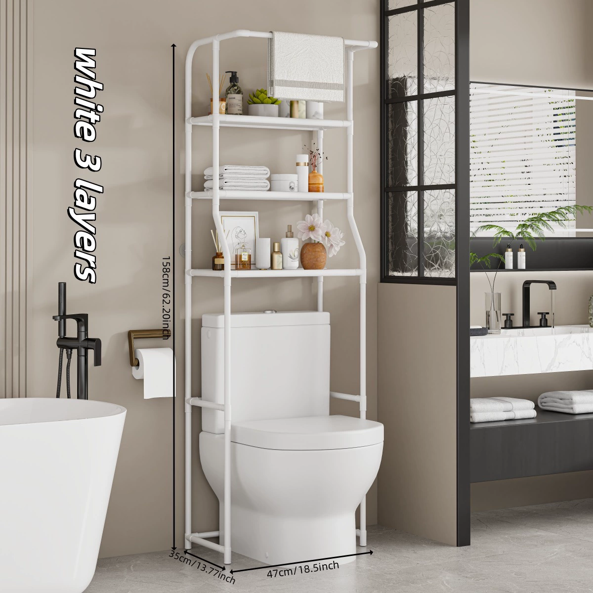 Over-Toilet Shelf 3-Tier Space-Saving Steel Frame