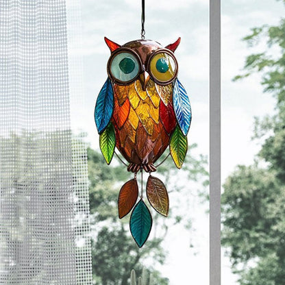 Owl Hanging Ornament Painted Metal & Colored Resin Leaves
