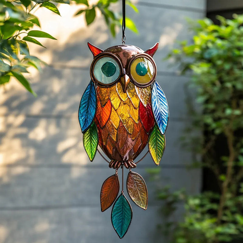 Owl Hanging Ornament Painted Metal & Colored Resin Leaves