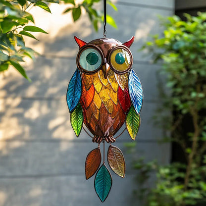 Owl Hanging Ornament Painted Metal & Colored Resin Leaves