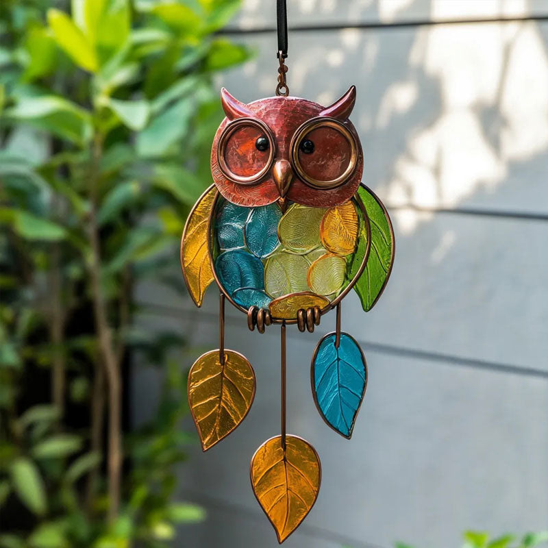 Owl Hanging Ornament Painted Metal & Colored Resin Leaves
