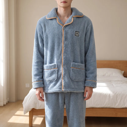 Pajama Set Thick Textured Button-Up Long Sleeve Top and Pants