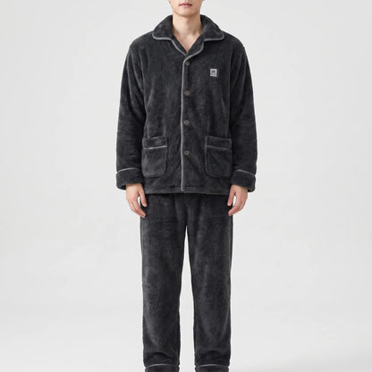 Pajama Set Thick Textured Button-Up Long Sleeve Top and Pants