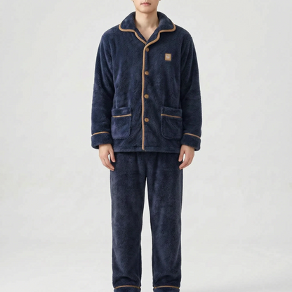 Pajama Set Thick Textured Button-Up Long Sleeve Top and Pants