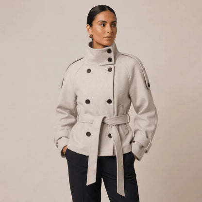Pea Coat Cotton Blend Belted Waist Button Front