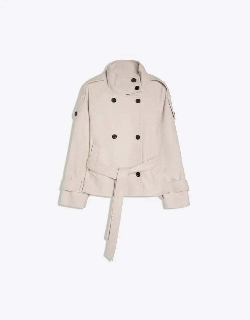 Pea Coat Cotton Blend Belted Waist Button Front