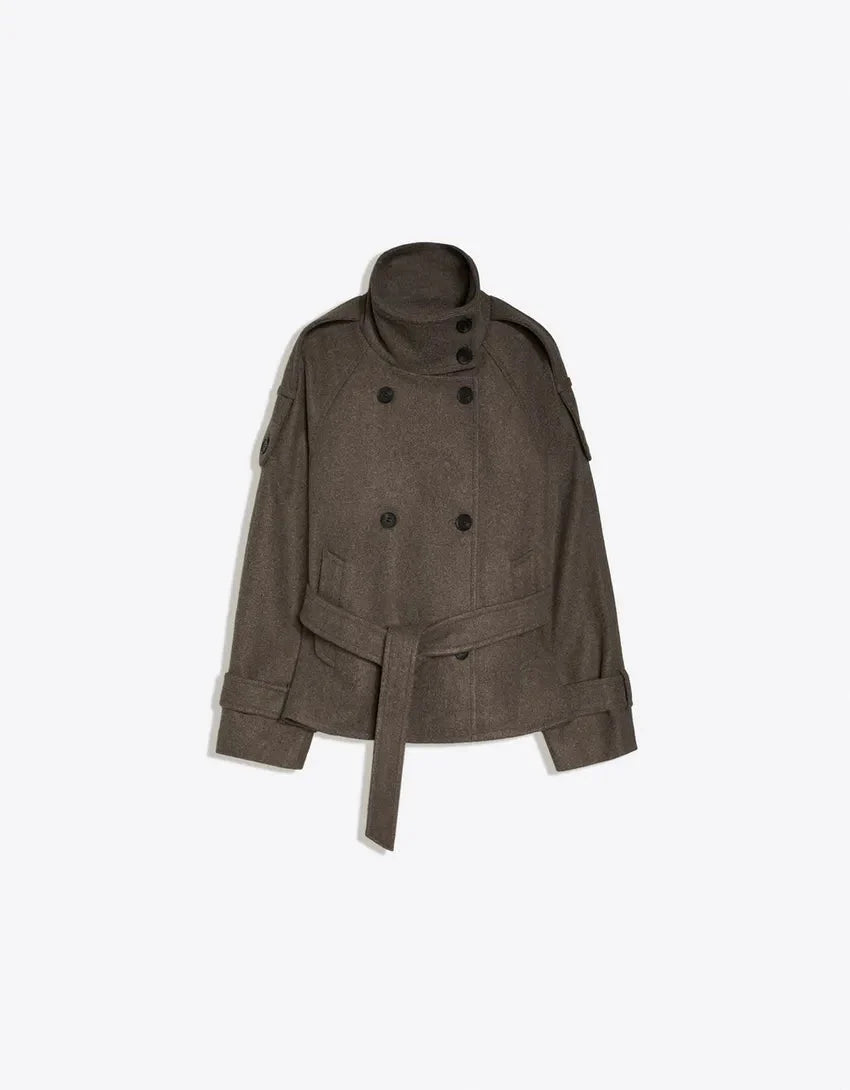 Pea Coat Cotton Blend Belted Waist Button Front