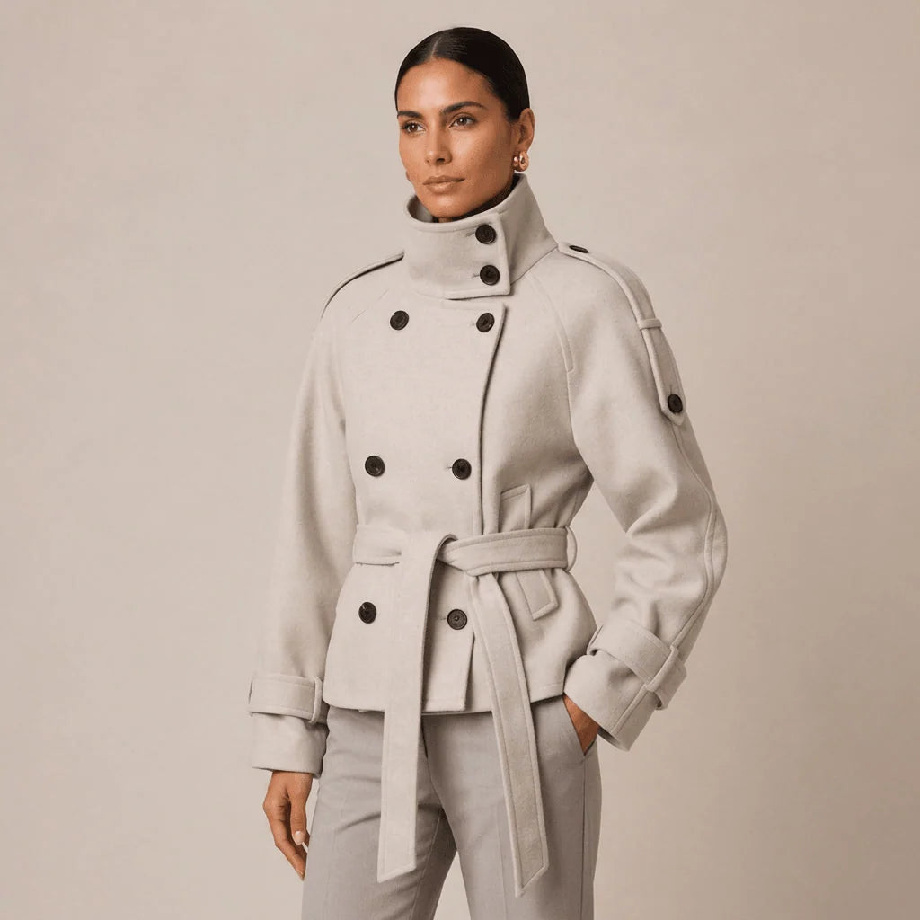 Pea Coat Cotton Blend Belted Waist Button Front