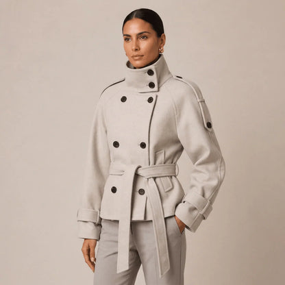 Pea Coat Cotton Blend Belted Waist Button Front