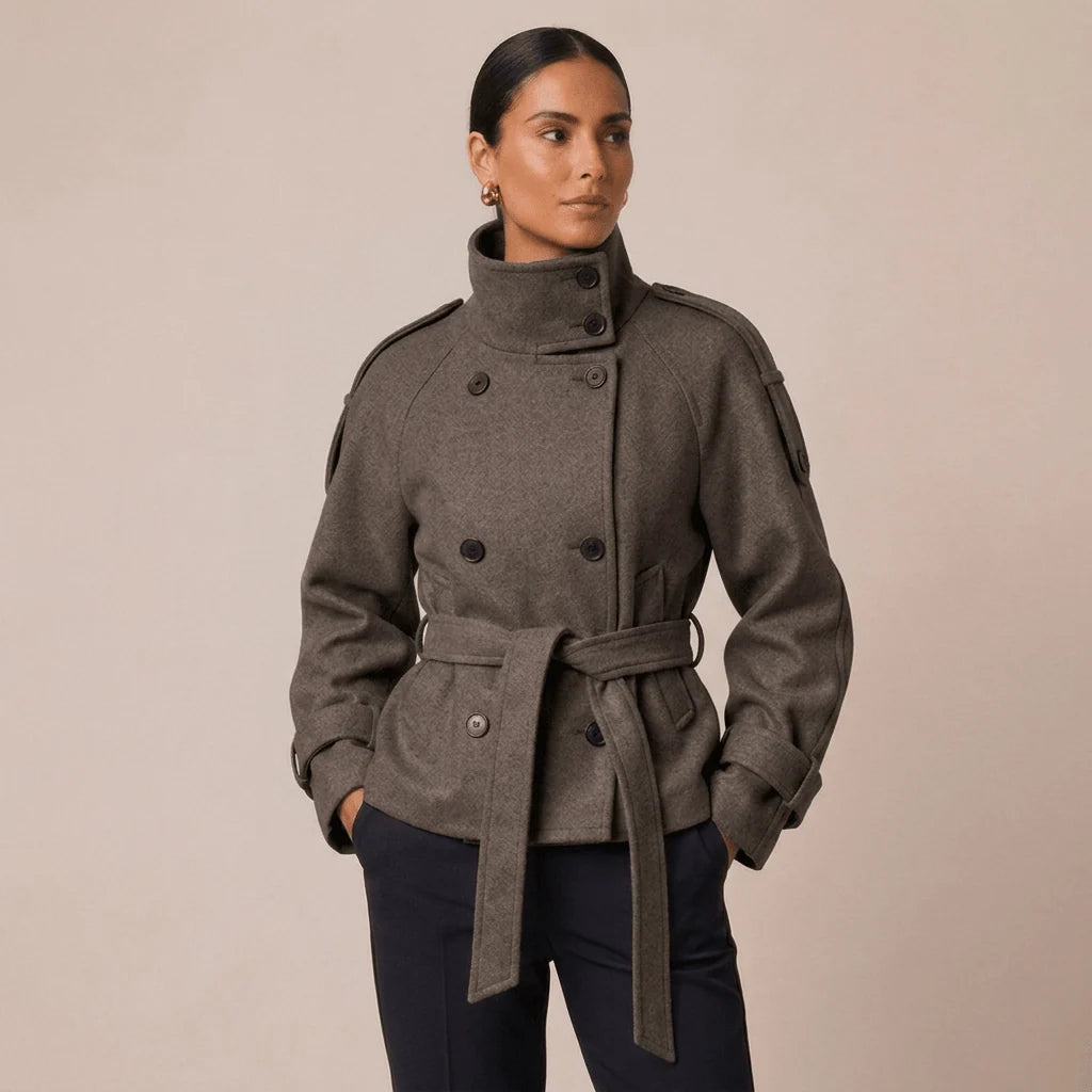 Pea Coat Cotton Blend Belted Waist Button Front