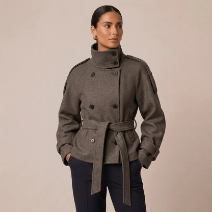 Pea Coat Cotton Blend Belted Waist Button Front