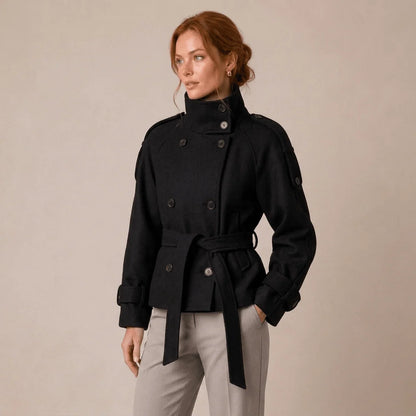 Pea Coat Cotton Blend Belted Waist Button Front