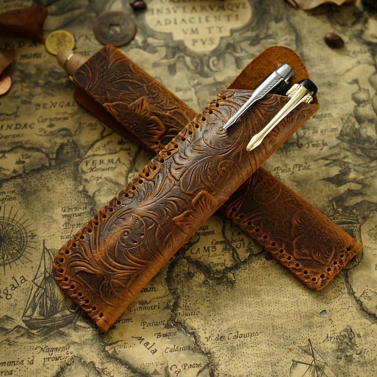 Pen Case Handmade Leather Floral Embossed Multiple-Pen Storage