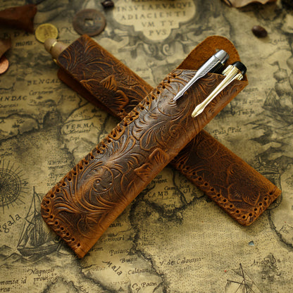 Pen Case Handmade Leather Floral Embossed Multiple-Pen Storage
