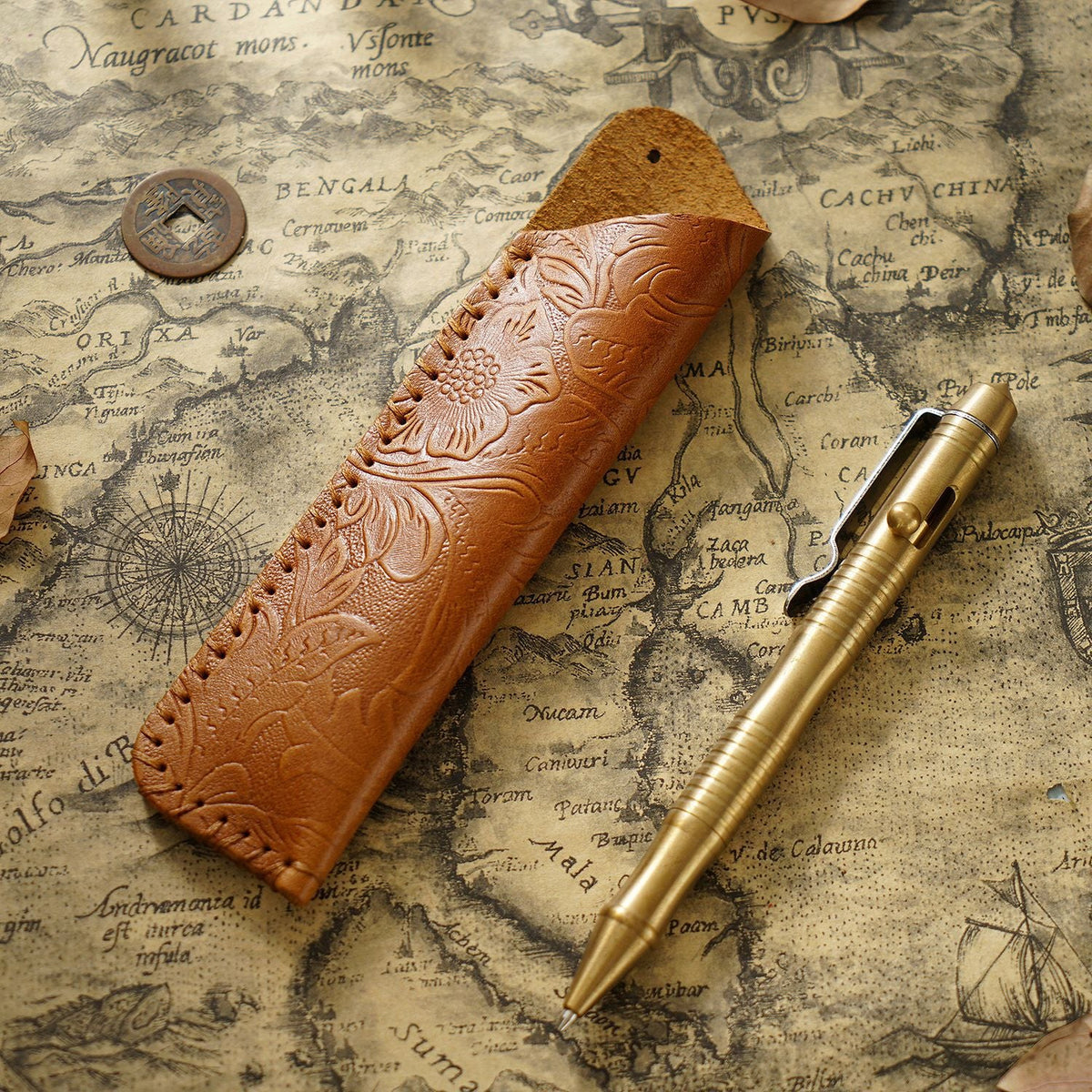 Pen Case Handmade Leather Floral Embossed Multiple-Pen Storage