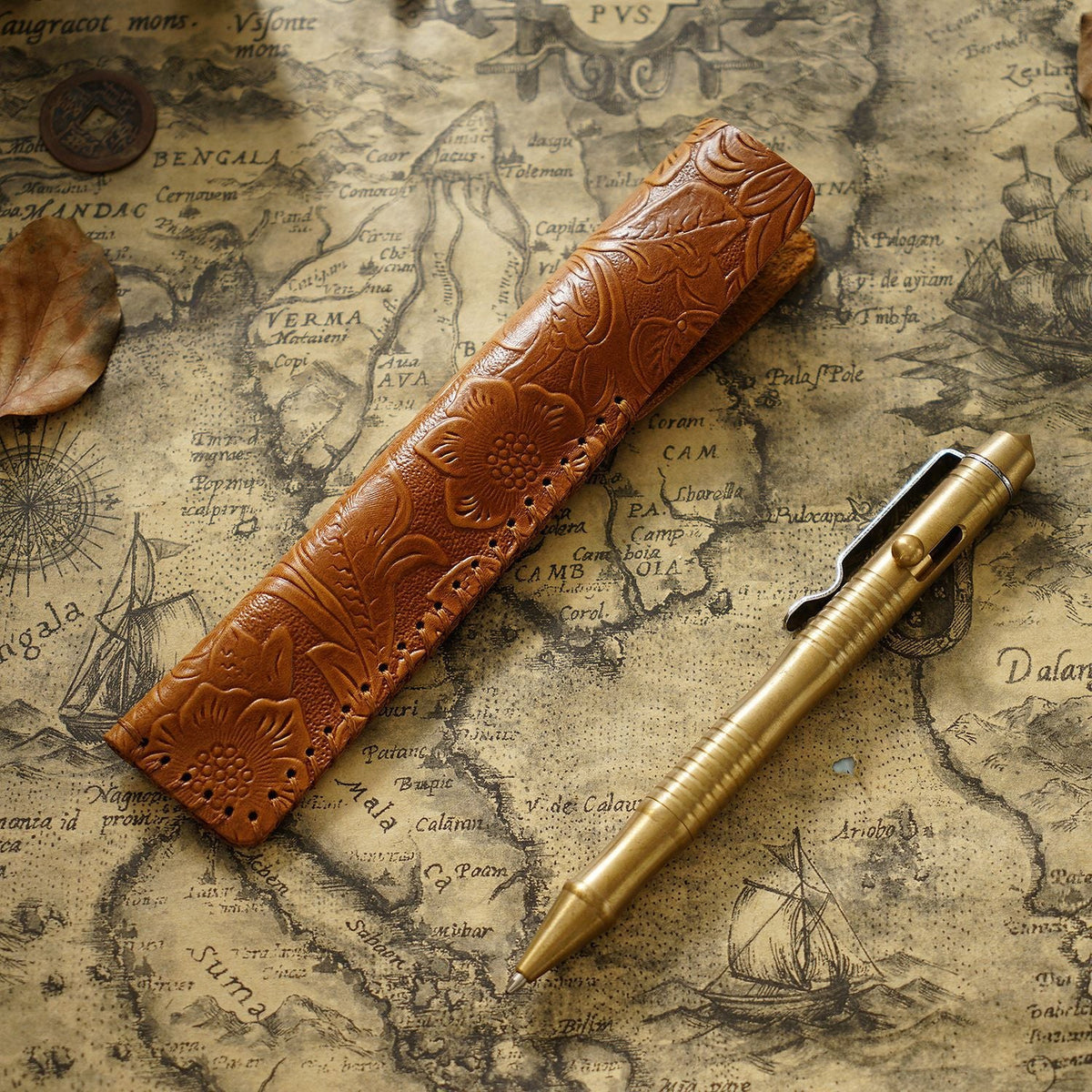 Pen Case Handmade Leather Floral Embossed Multiple-Pen Storage