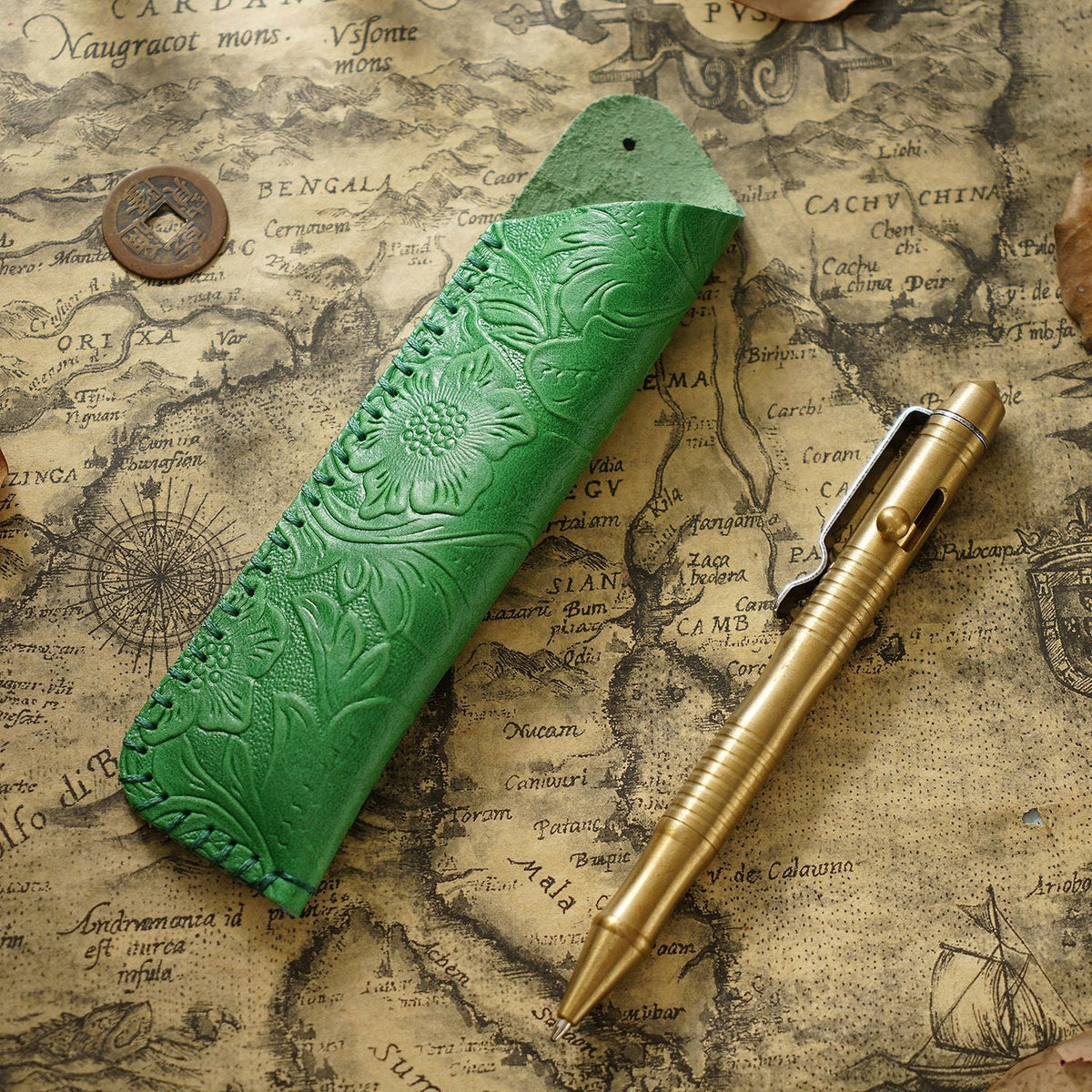 Pen Case Handmade Leather Floral Embossed Multiple-Pen Storage