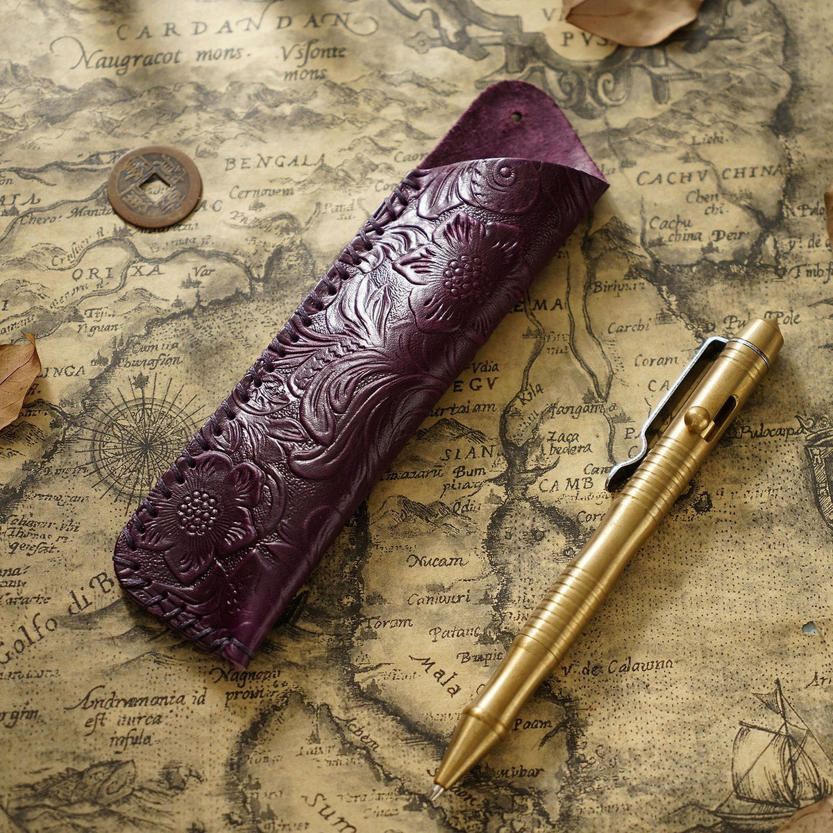 Pen Case Handmade Leather Floral Embossed Multiple-Pen Storage