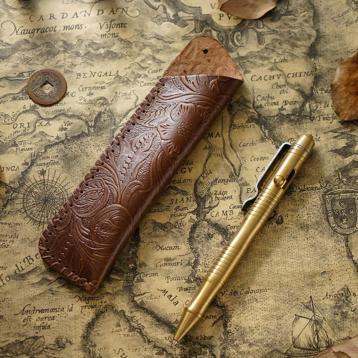 Pen Case Handmade Leather Floral Embossed Multiple-Pen Storage