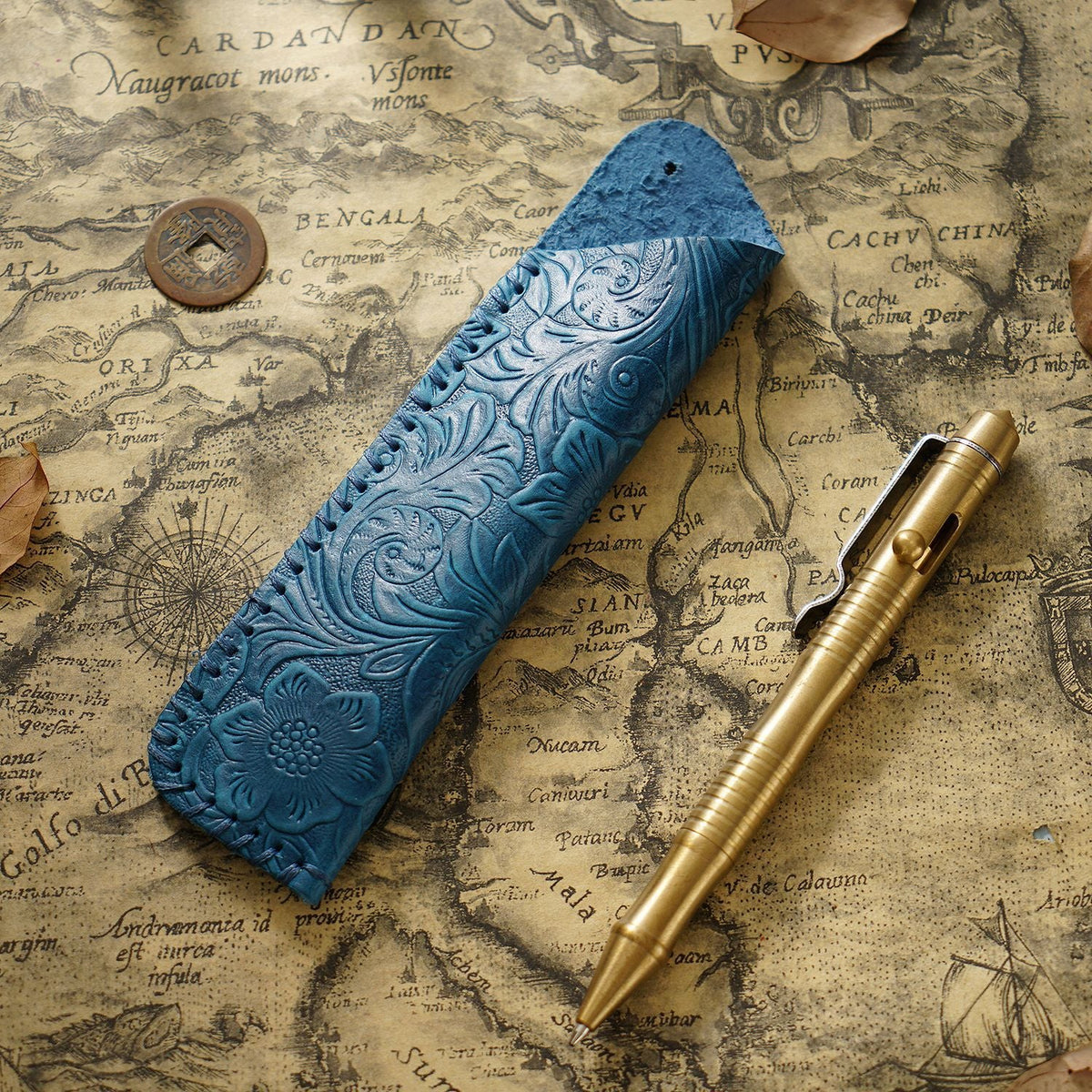 Pen Case Handmade Leather Floral Embossed Multiple-Pen Storage