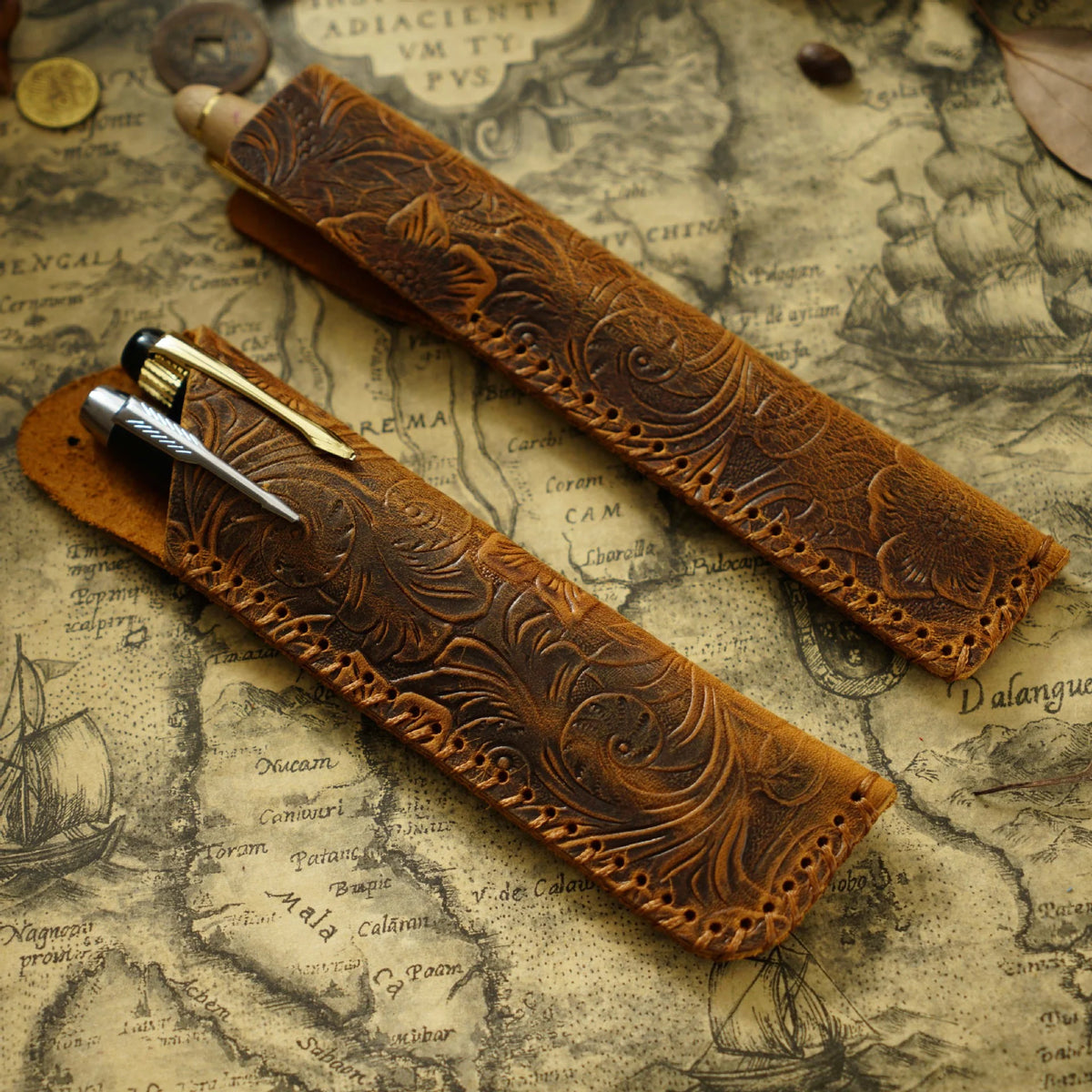 Pen Case Handmade Leather Floral Embossed Multiple-Pen Storage