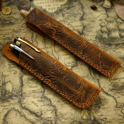 Pen Case Handmade Leather Floral Embossed Multiple-Pen Storage