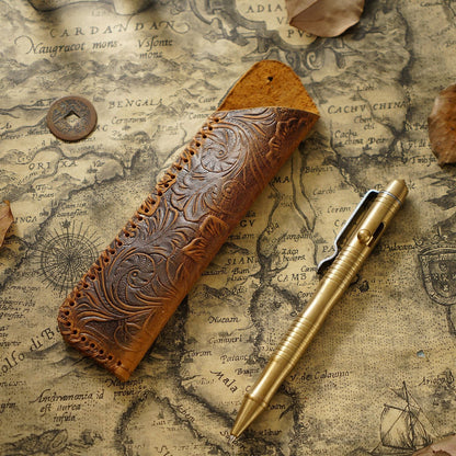 Pen Case Handmade Leather Floral Embossed Multiple-Pen Storage