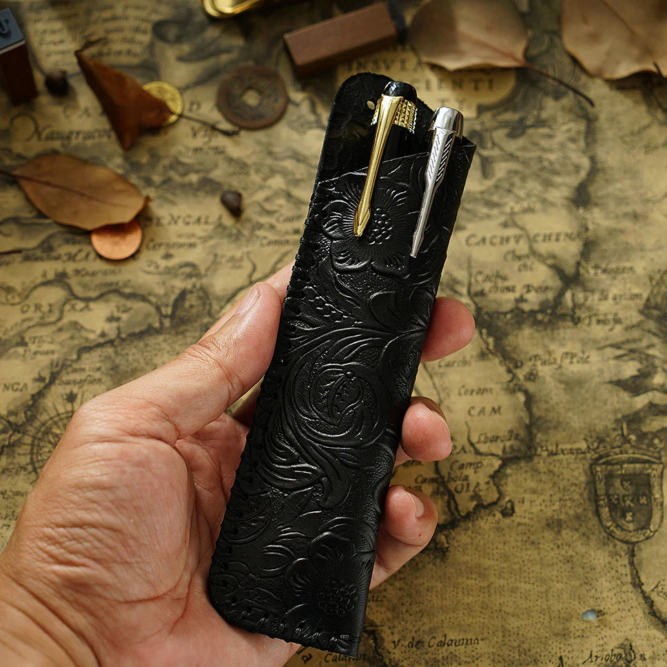 Pen Case Handmade Leather Floral Embossed Multiple-Pen Storage