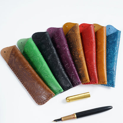 Pen Case Handmade Leather Floral Embossed Multiple-Pen Storage
