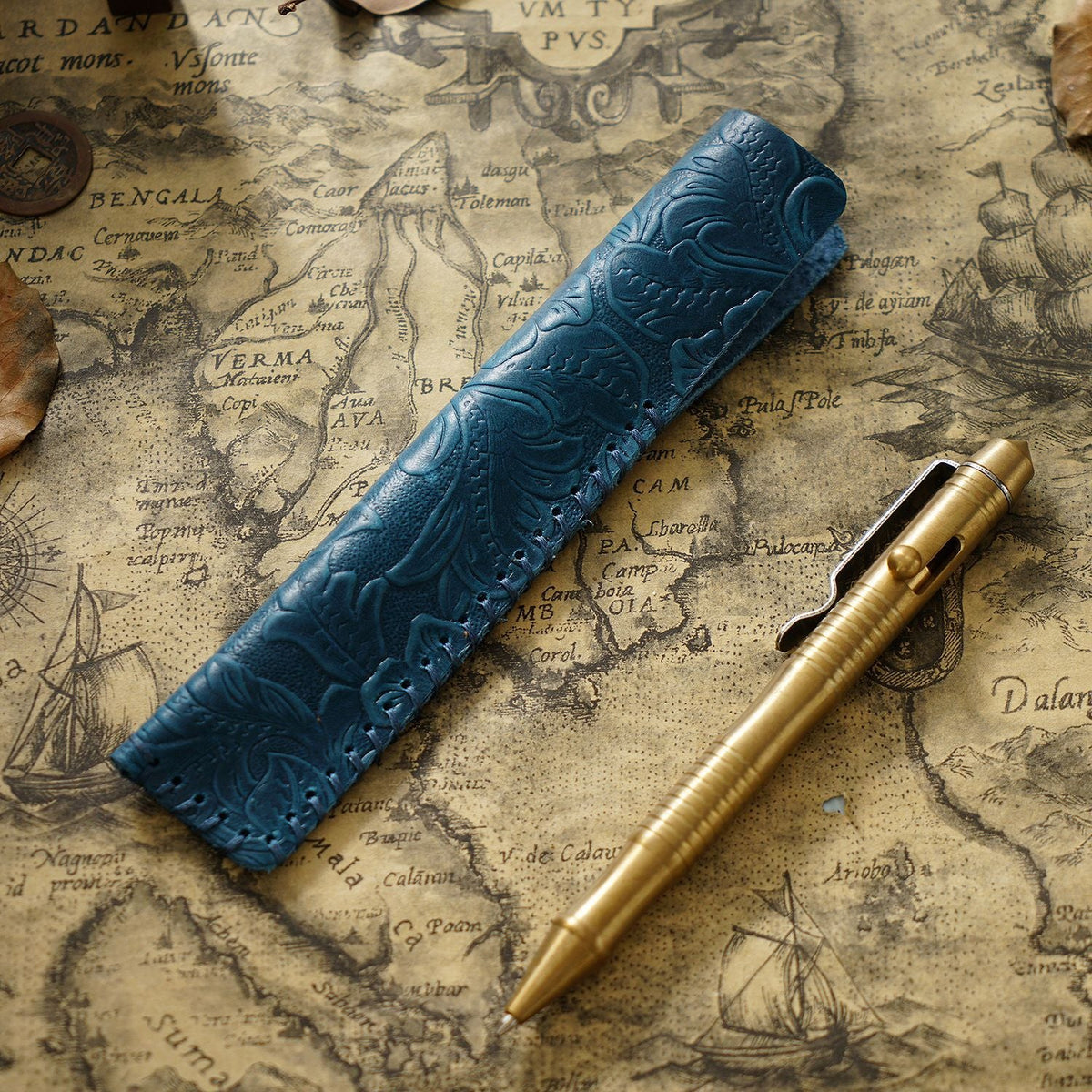 Pen Case Handmade Leather Floral Embossed Multiple-Pen Storage