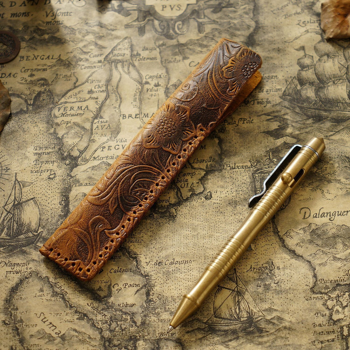 Pen Case Handmade Leather Floral Embossed Multiple-Pen Storage
