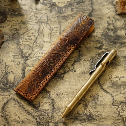 Pen Case Handmade Leather Floral Embossed Multiple-Pen Storage