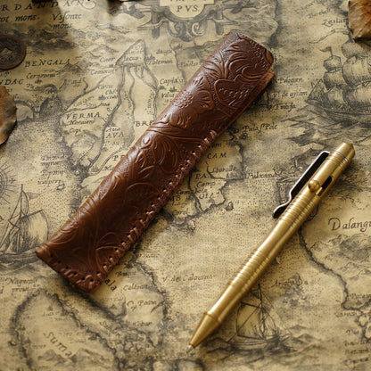 Pen Case Handmade Leather Floral Embossed Multiple-Pen Storage