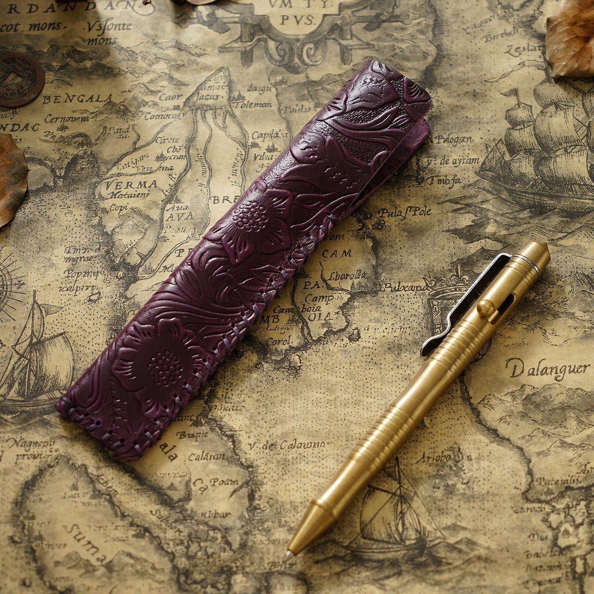 Pen Case Handmade Leather Floral Embossed Multiple-Pen Storage