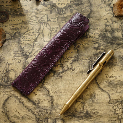 Pen Case Handmade Leather Floral Embossed Multiple-Pen Storage