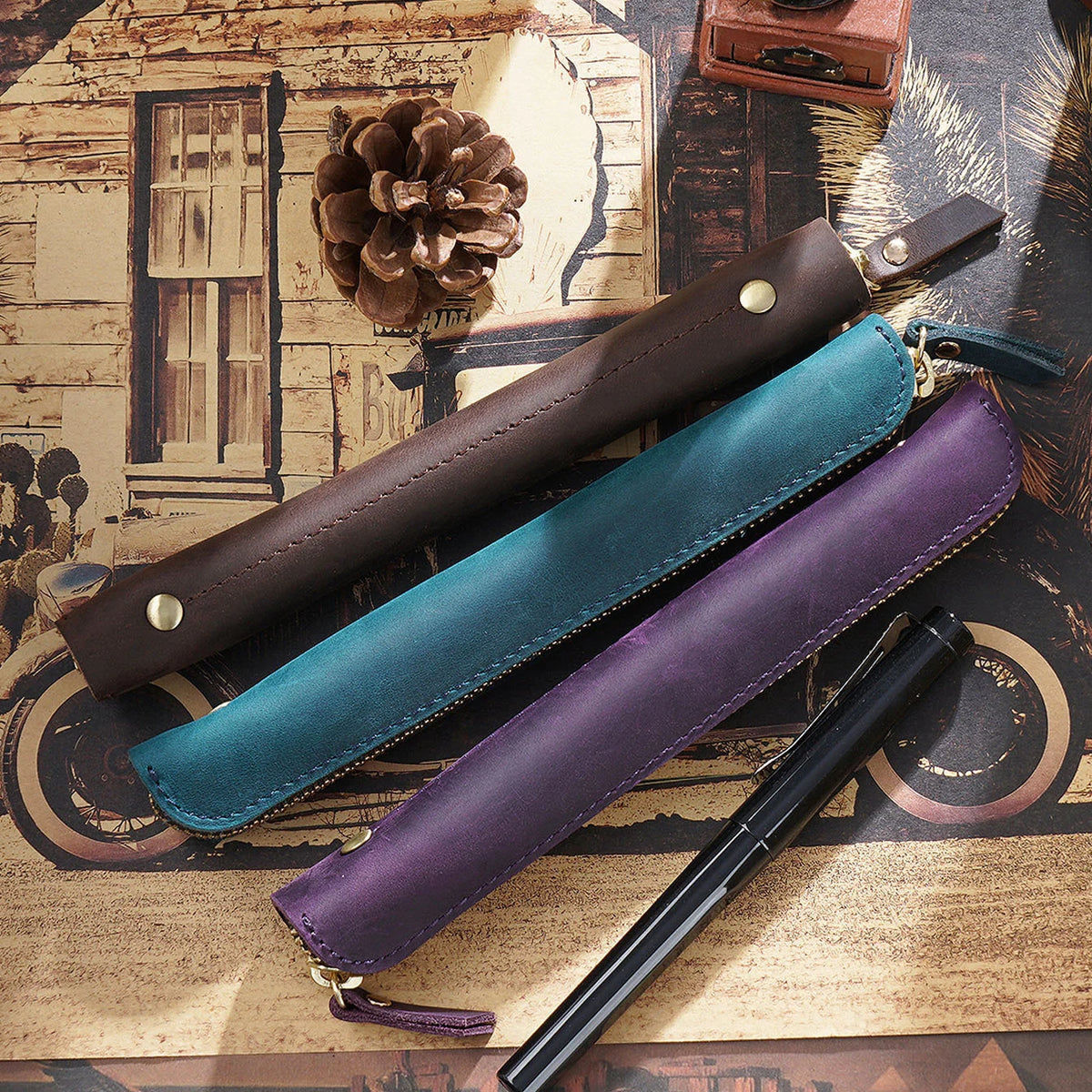 Pencil Case Leather Zipper Closure Compact Lightweight Design