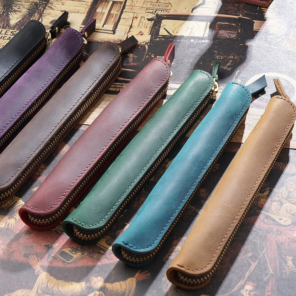 Pencil Case Leather Zipper Closure Compact Lightweight Design