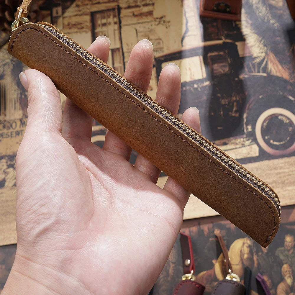 Pencil Case Leather Zipper Closure Compact Lightweight Design