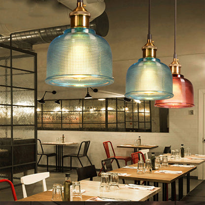 Pendant Light Colored Glass Shade & Iron Frame Adjustable Height