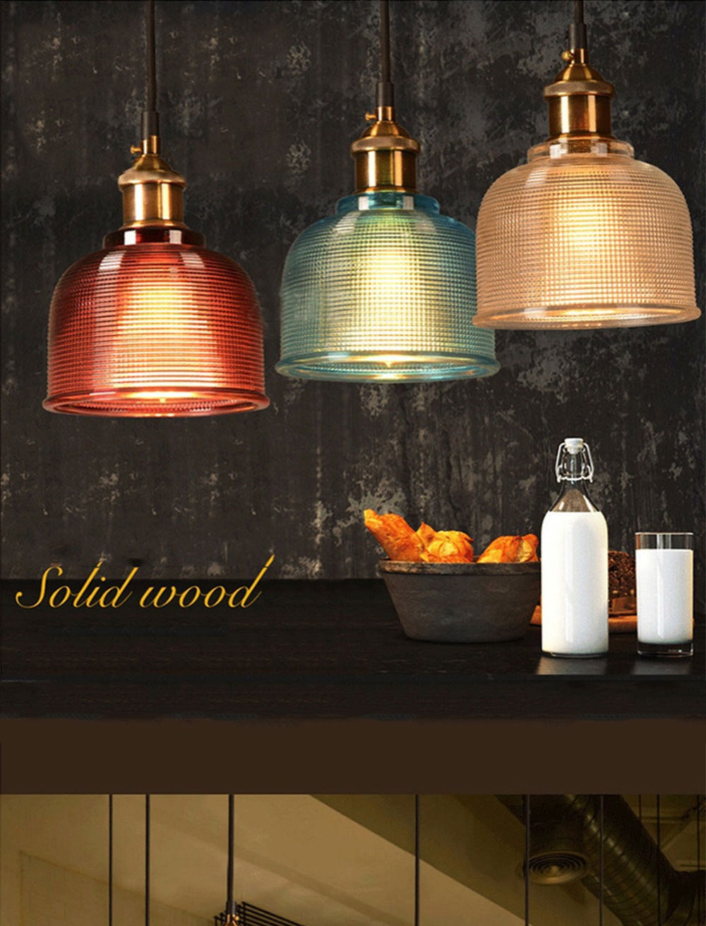 Pendant Light Colored Glass Shade & Iron Frame Adjustable Height