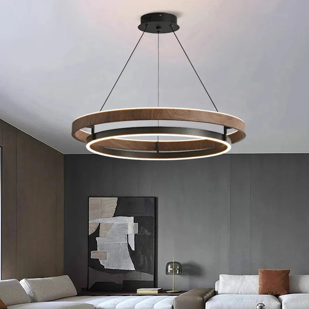 Pendant Light Round Wood-Effect Metal Dimmable