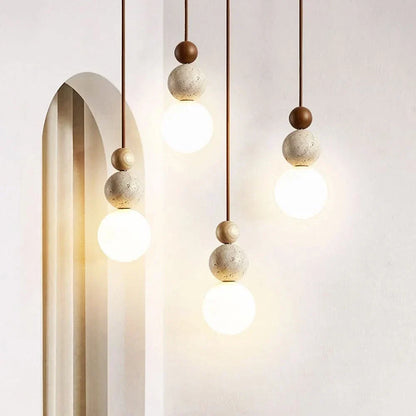Pendant Light Yellow Travertine & Wood Adjustable Soft LED