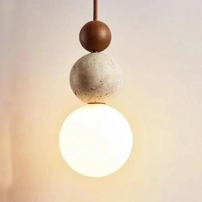 Pendant Light Yellow Travertine & Wood Adjustable Soft LED
