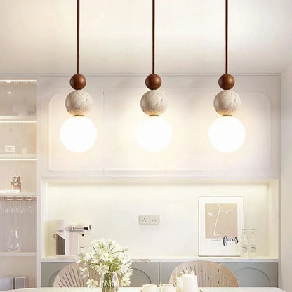 Pendant Light Yellow Travertine & Wood Adjustable Soft LED